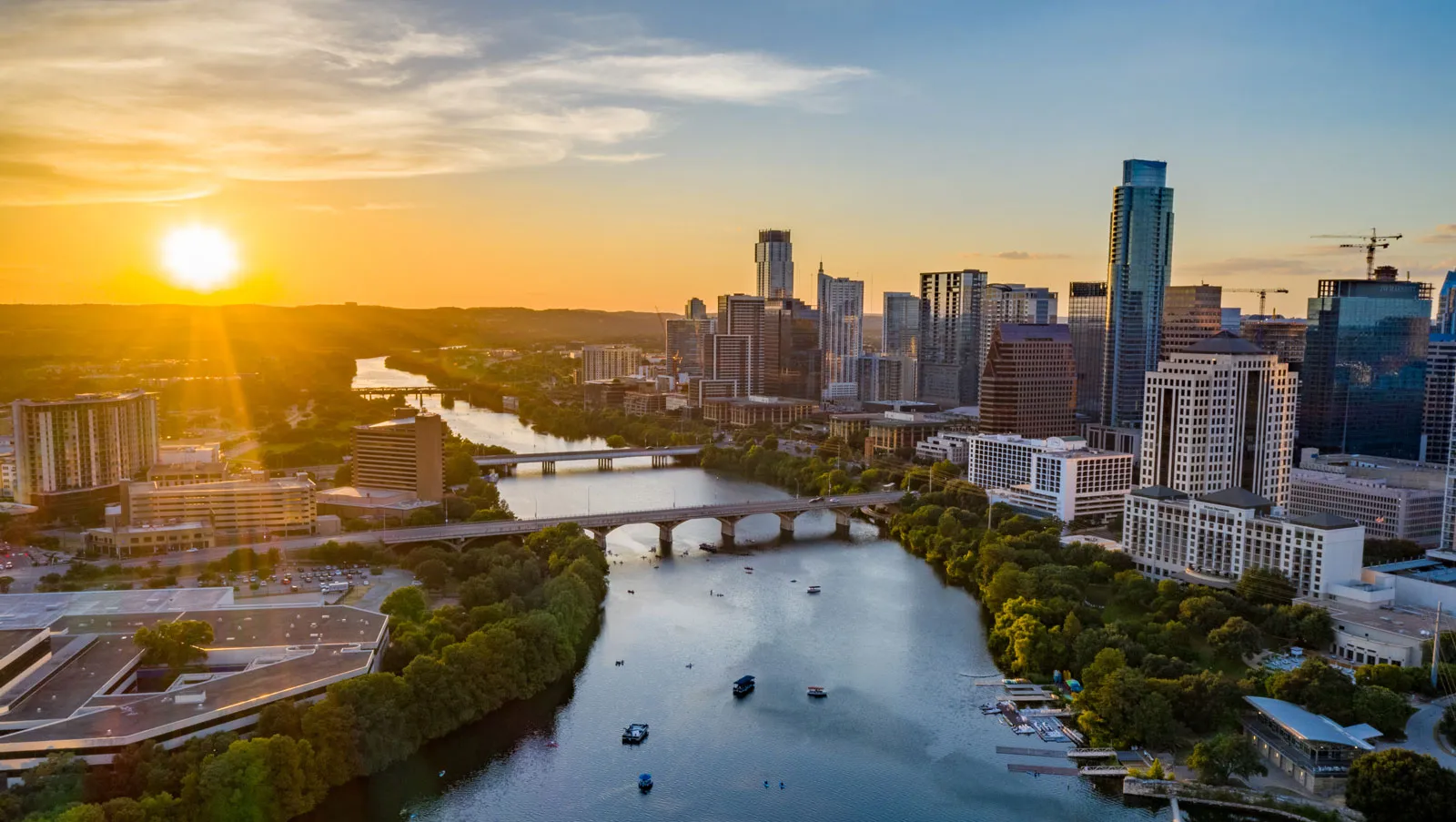 Downtown Austin and Lady Bird Lake at sunset